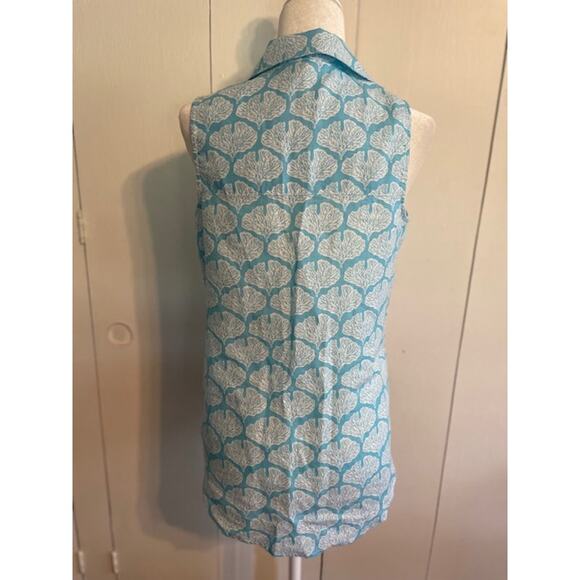Coral Bay Size Small Linen Sleeveless Button Front Shirt Turquoise & White - Picture 3 of 6